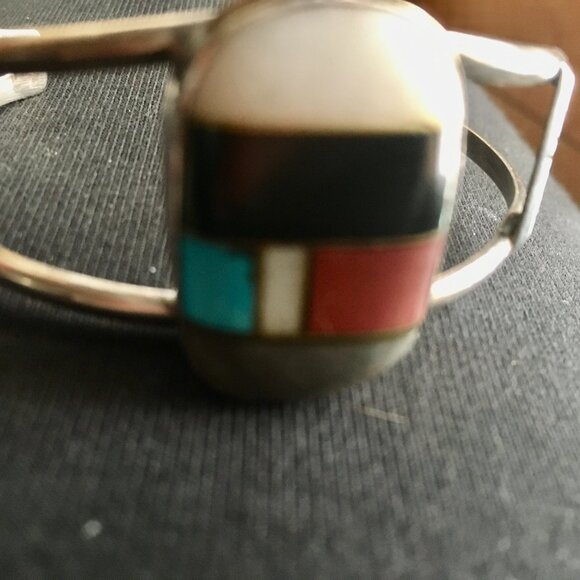 Native American Indian Inlay Silver Bracelet: Quartz, Obsidian, Turquoise, Coral - Picture 5 of 8